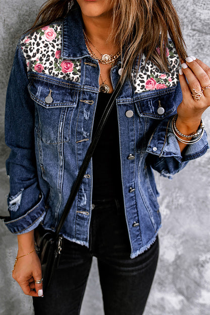 Mixed Print Distressed Button Front Denim Jacket