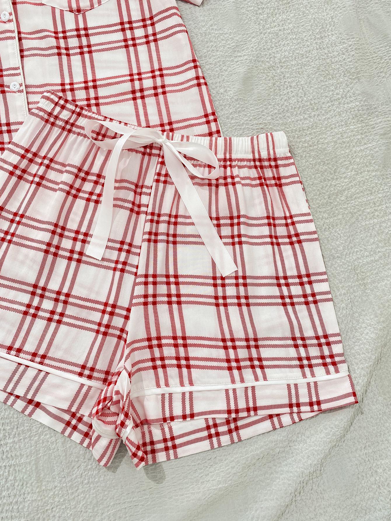 Plaid Lapel Collar Shirt and Shorts Lounge Set - Alaena James Boutique