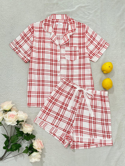 Plaid Lapel Collar Shirt and Shorts Lounge Set - Alaena James Boutique