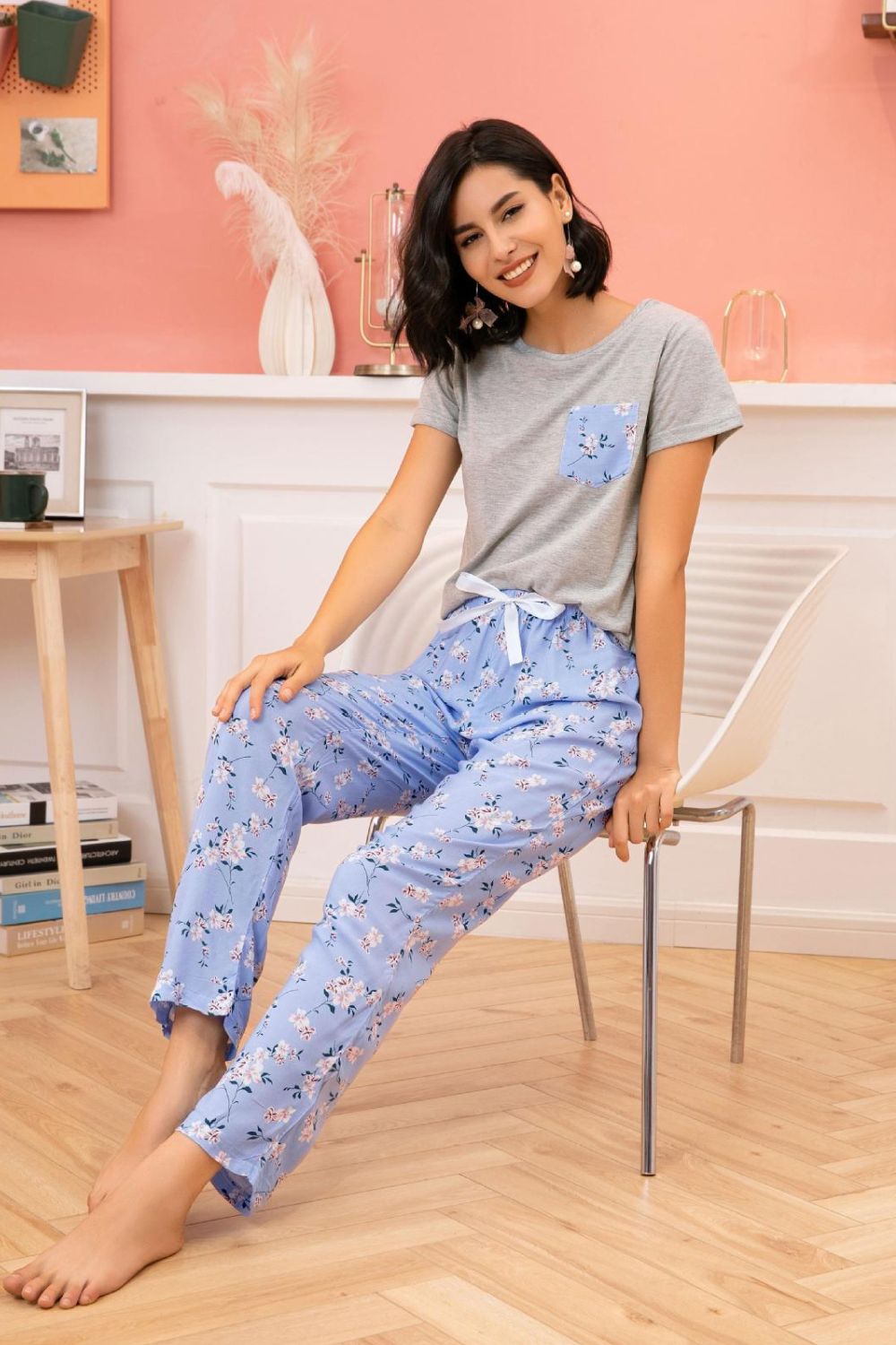 Round Neck T-Shirt and Floral Pants Lounge Set -  Alaena James Boutique