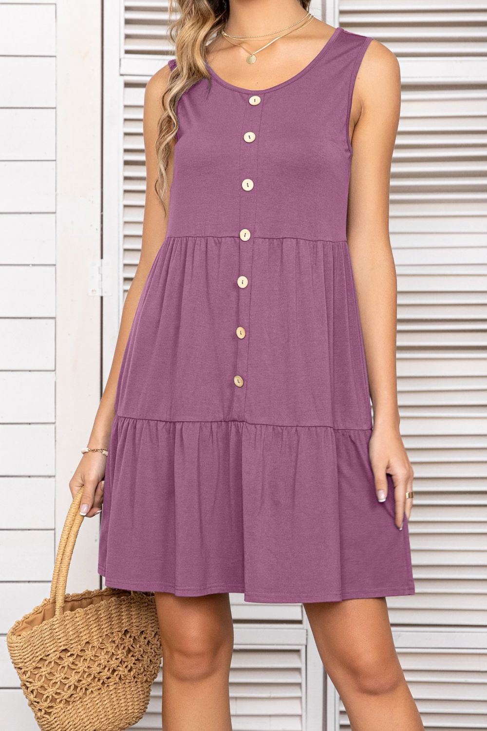 Button Scoop Neck Sleeveless Tiered Dress | Online Boutiques For Dresses - Alaena James Boutique