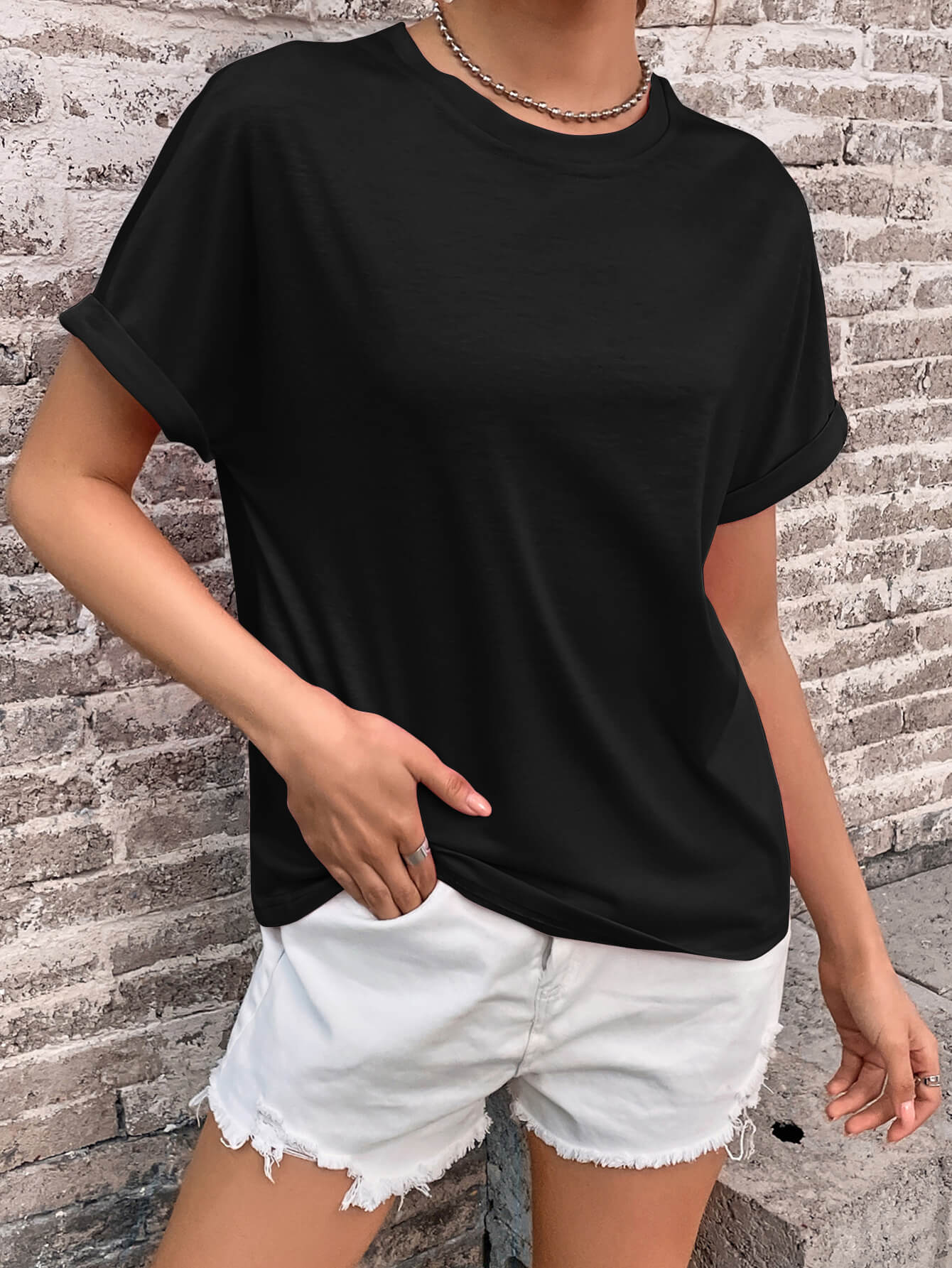 Round Neck Cuffed Sleeve T-Shirt