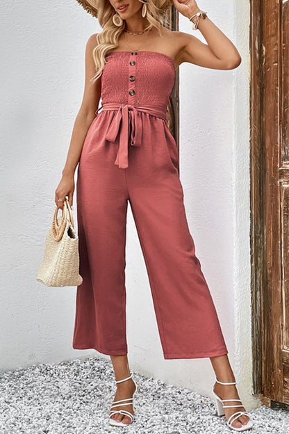 Decorative Button Strapless Smocked Jumpsuit with Pockets | Dress Romper with Pockets - Alaena James Boutique