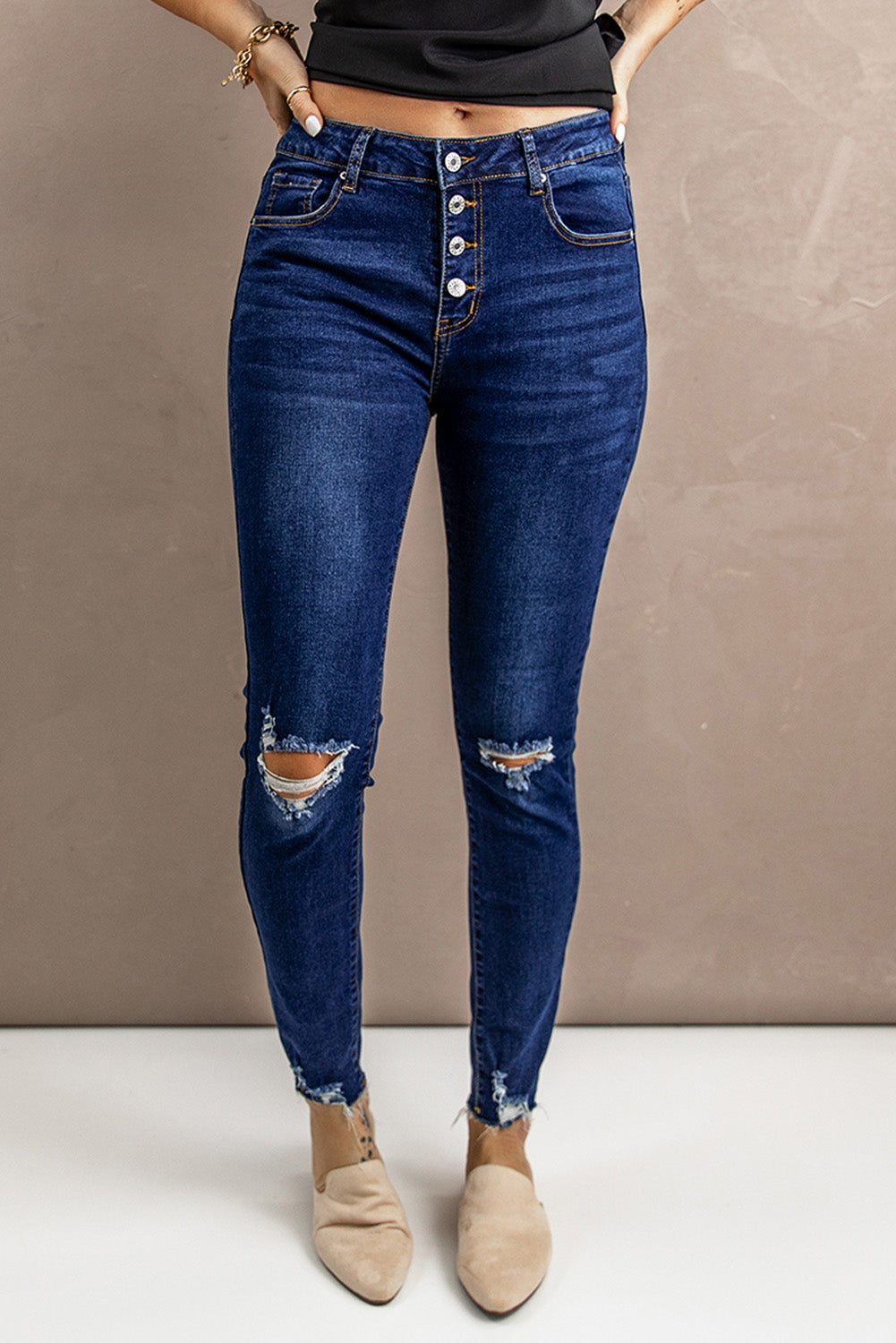Distressed Button Fly Skinny Jeans | Skinny Jeans For Women - Alaena James Boutique
