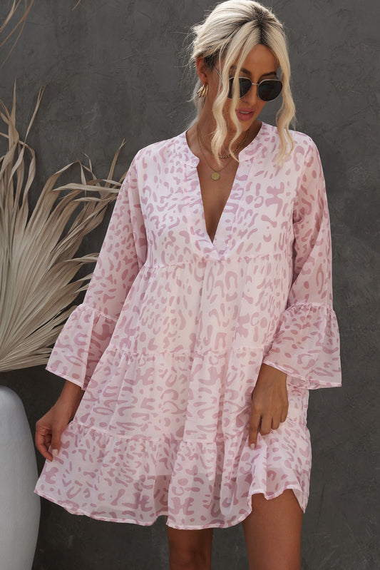 Pink Printed Notched Neck Flare Sleeve Tiered Dress - Alaena James Boutique