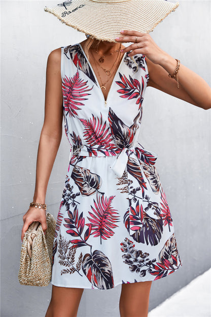 Printed Zip Detail Belted Sleeveless Dress – Alaena James 