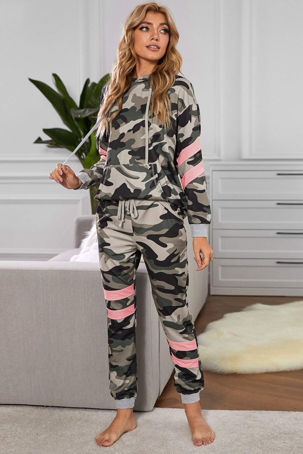 Camouflage Contrast Hoodie and Joggers Lounge Set