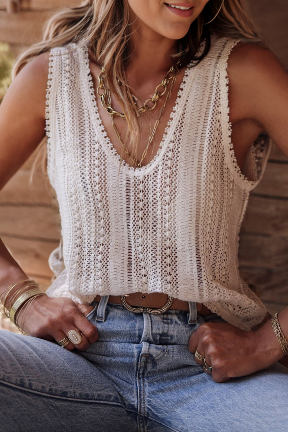 Deep V Openwork Tank | Tank Top and Shorts - Alaena James Boutique