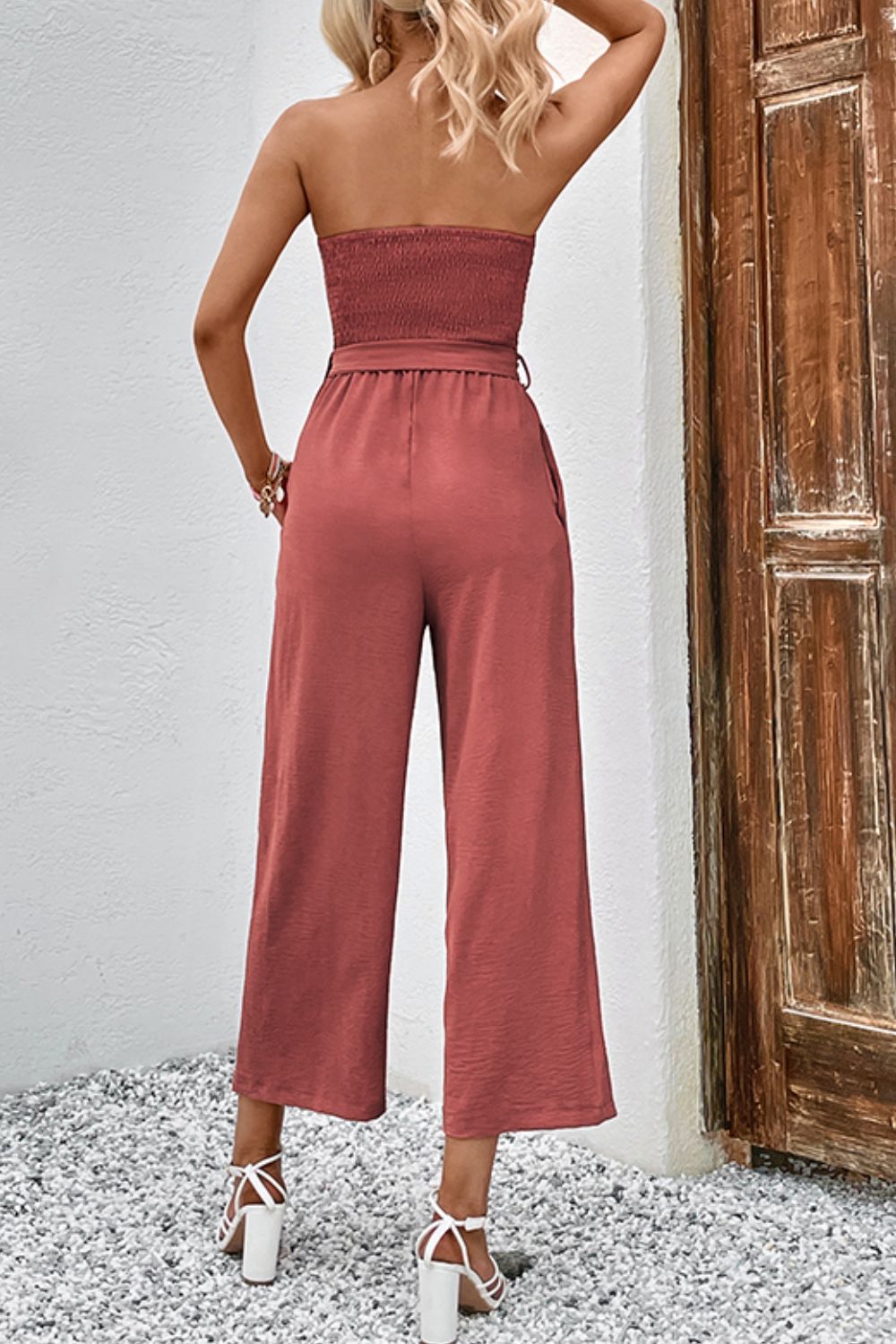 Decorative Button Strapless Smocked Jumpsuit with Pockets | Dress Romper with Pockets - Alaena James Boutique