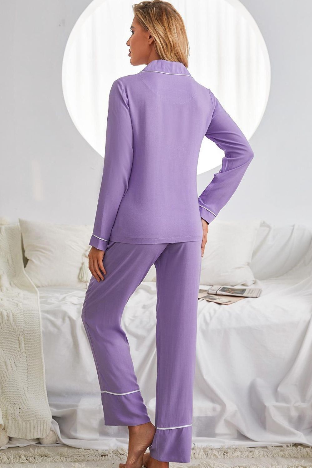 Contrast Lapel Pajama Set with Pockets - Alaena James