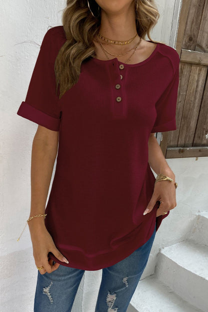 Cuffed Sleeve Henley Maroon Top 