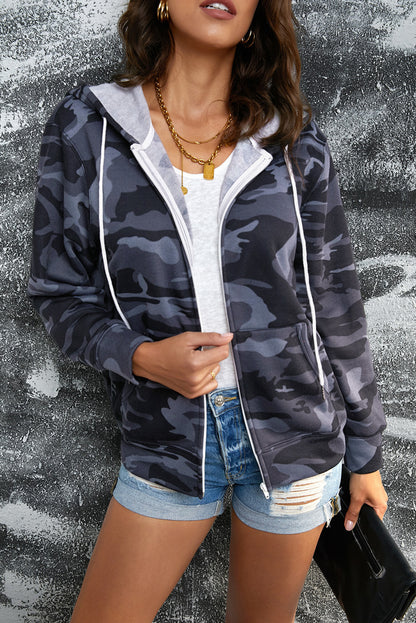 Shop Camouflage Drawstring Detail Zip Up Hooded Jacket - Alaena James Boutique