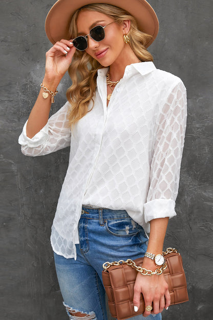 White Curved Hem Button-Up Long Sleeve Shirt - Alaena James Boutique