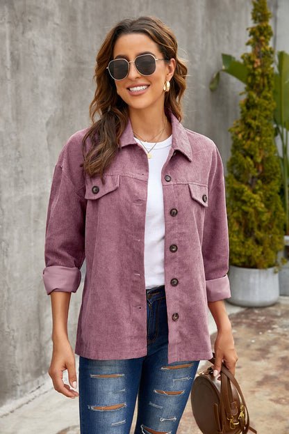 Corduroy Long Sleeve Button-Up Shirt Jacket - Alaena James Boutique
