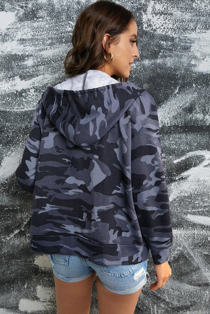 Shop Camouflage Drawstring Detail Zip Up Hooded Jacket - Alaena James 