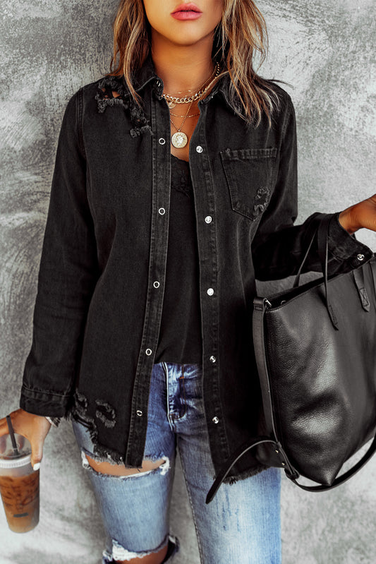 Distressed Snap Down Denim Jacket - Alaena James Boutique