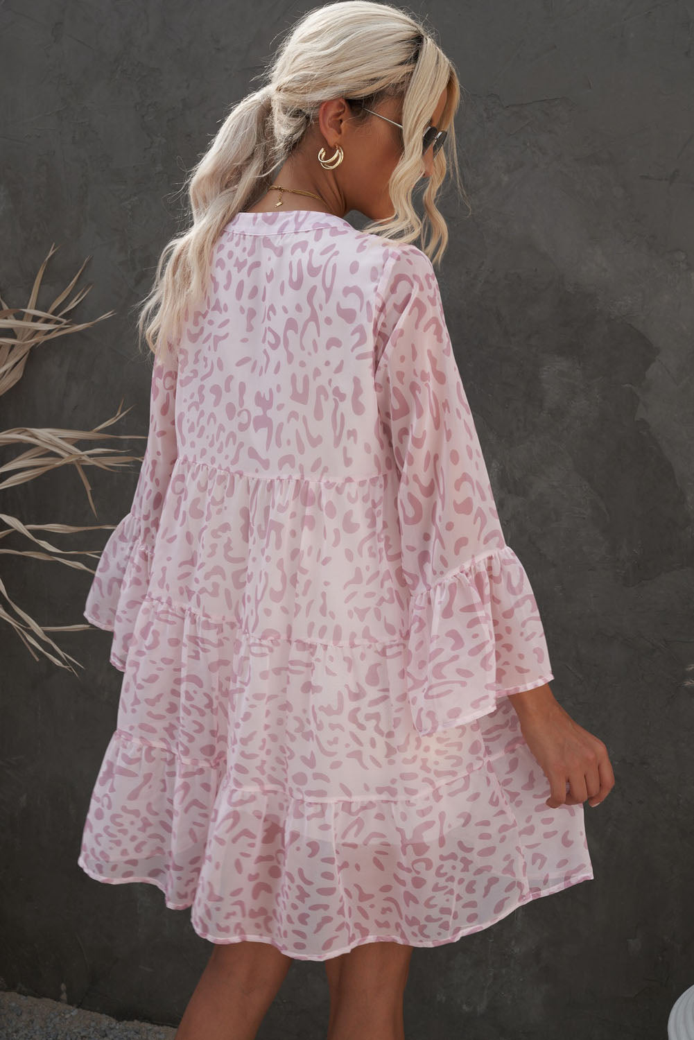 Pink Printed Notched Neck Flare Sleeve Tiered Dress - Alaena James