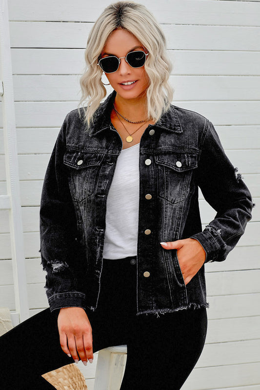 Distressed Raw Hem Denim Jacket - Alaena James Boutique