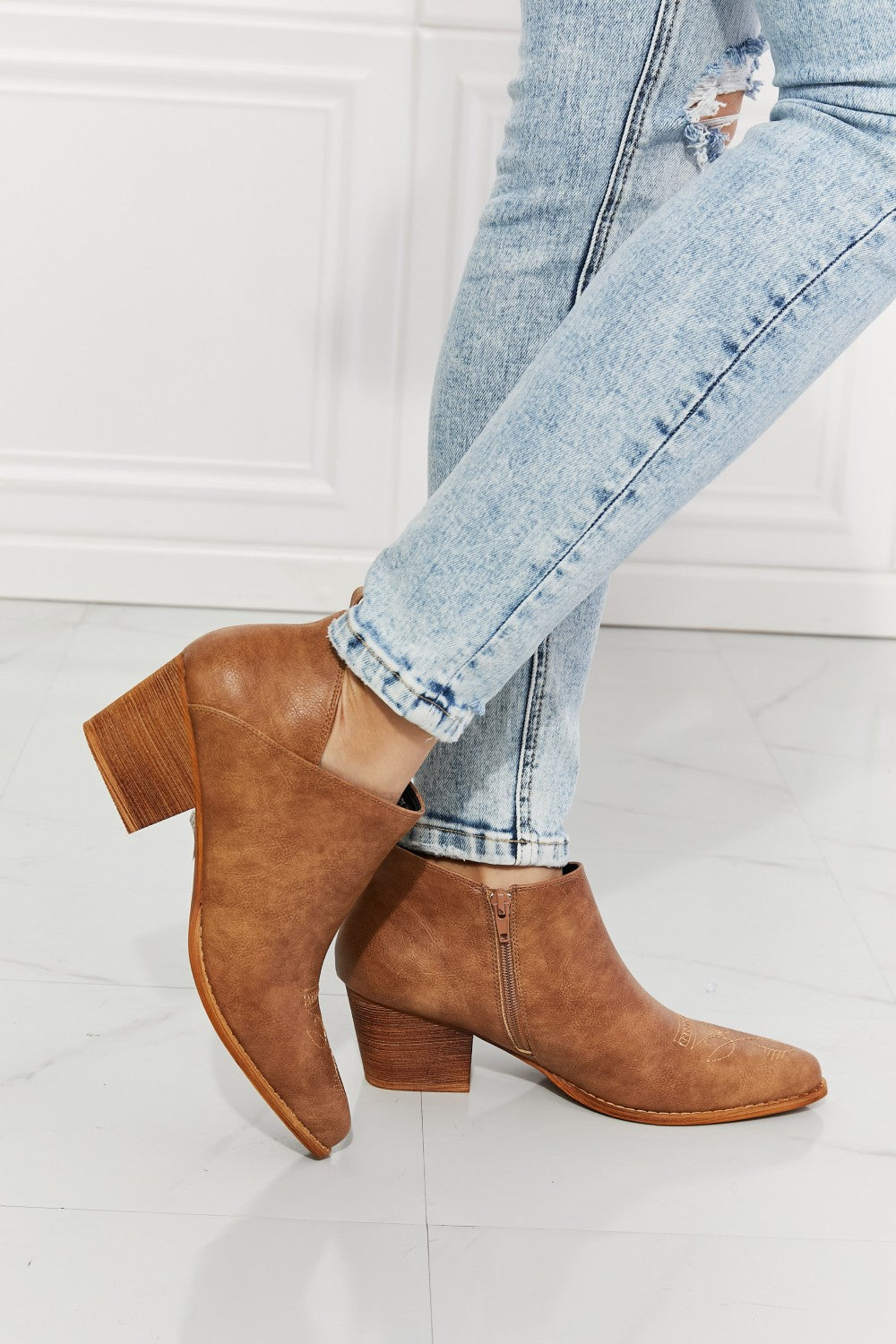 Embroidered Crossover Cowboy Bootie in Caramel - Alaena James Boutique