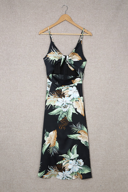 Floral Tied Cutout Split Spaghetti Strap Dress