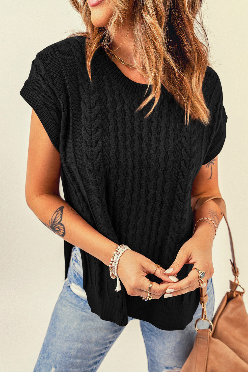 Cable-Knit Side Slit Sweater Vest