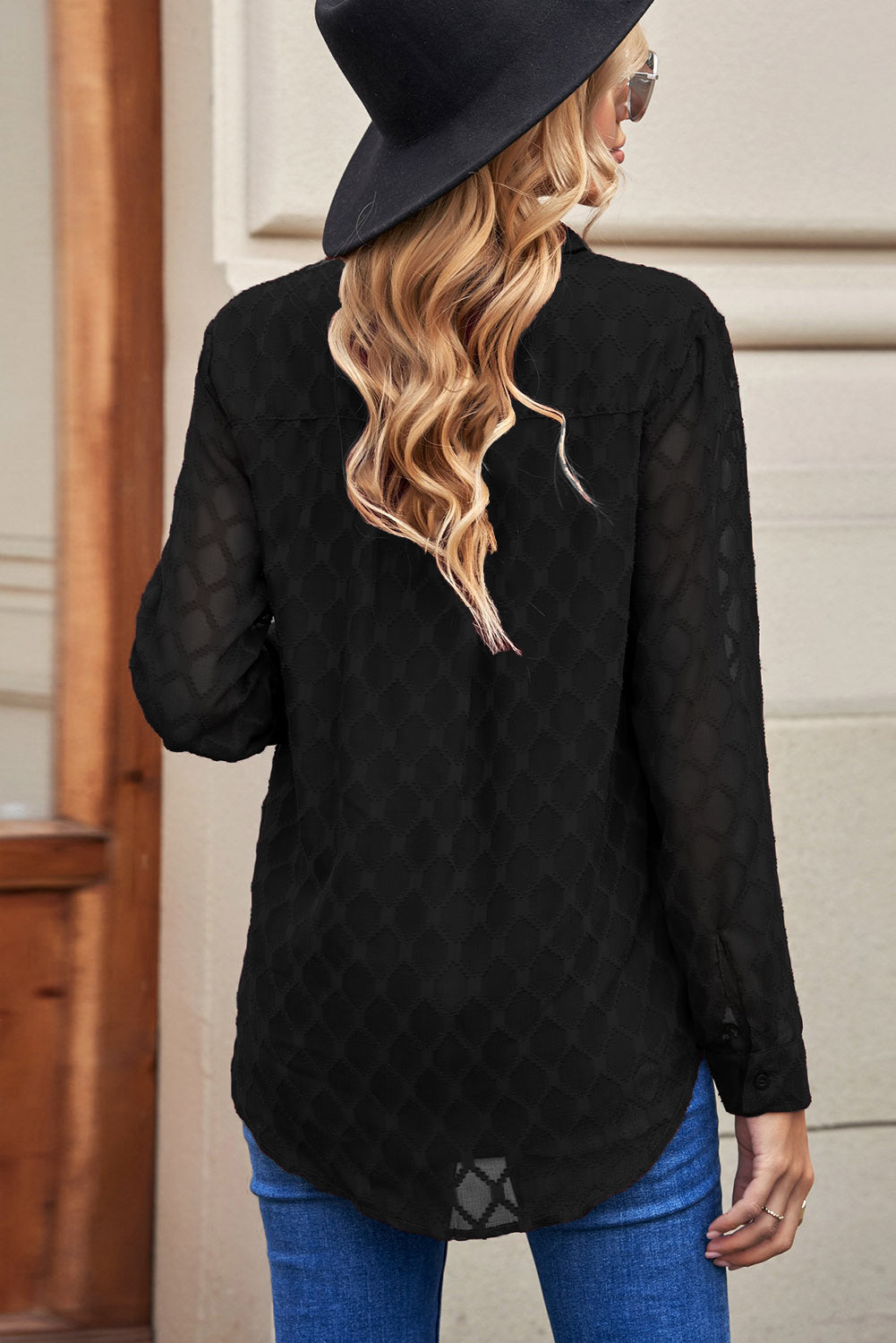Black Curved Hem Button-Up Long Sleeve Shirt - Alaena James Boutique