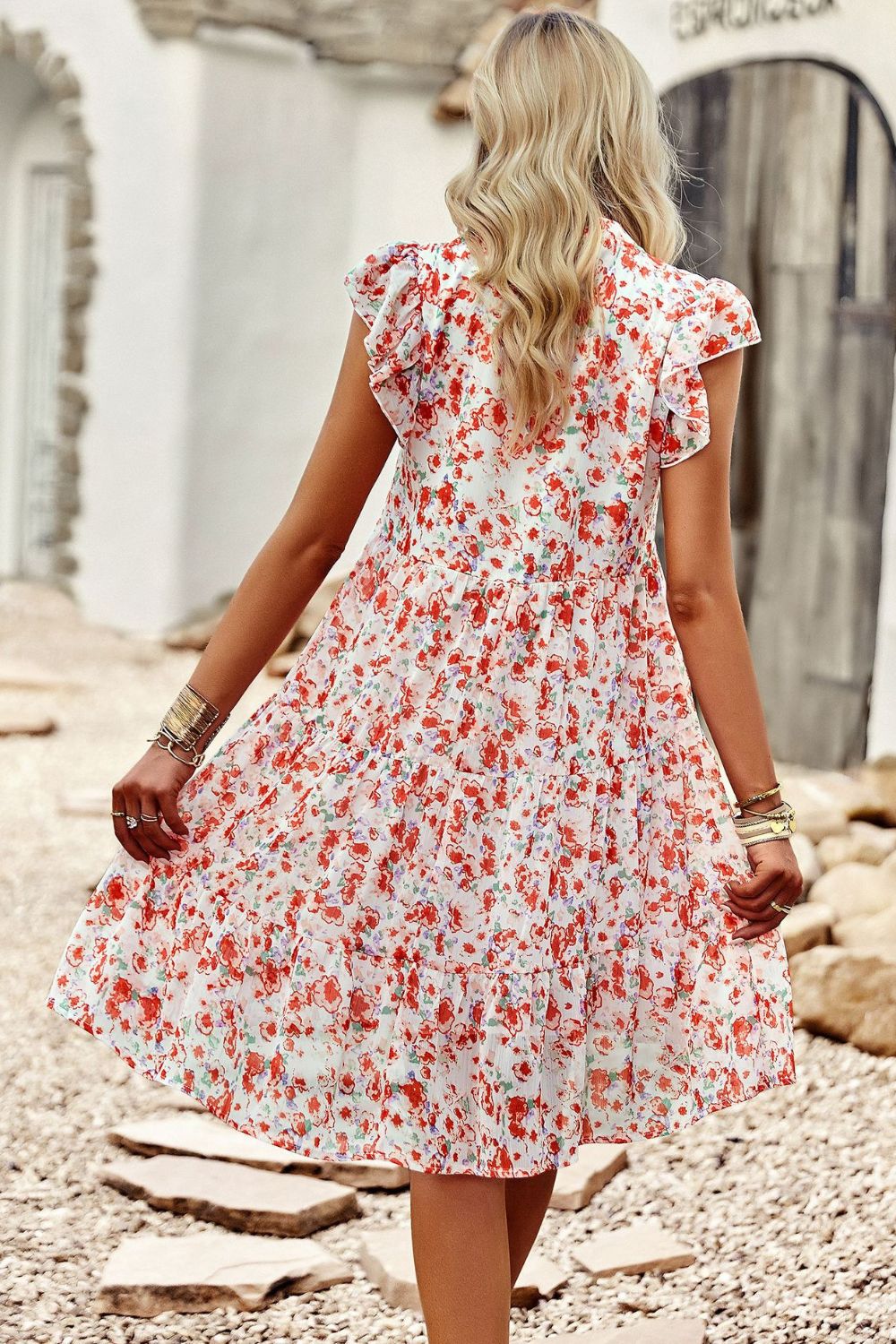 Floral Flutter Sleeve Notched Neck Tiered Dress  - Alaena James Boutique