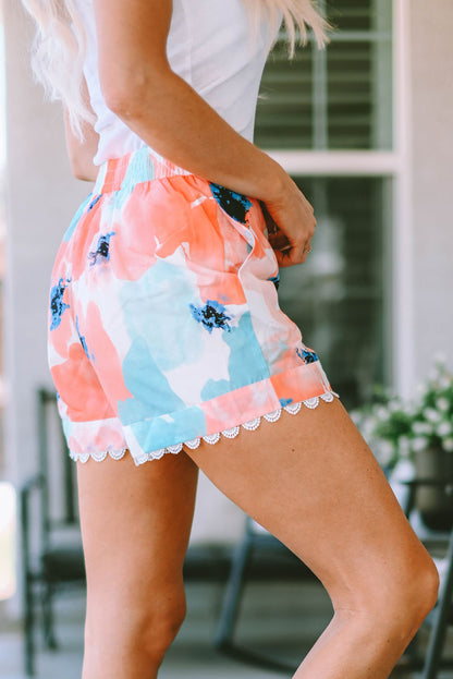 Printed Lace Trim Shorts with Pockets