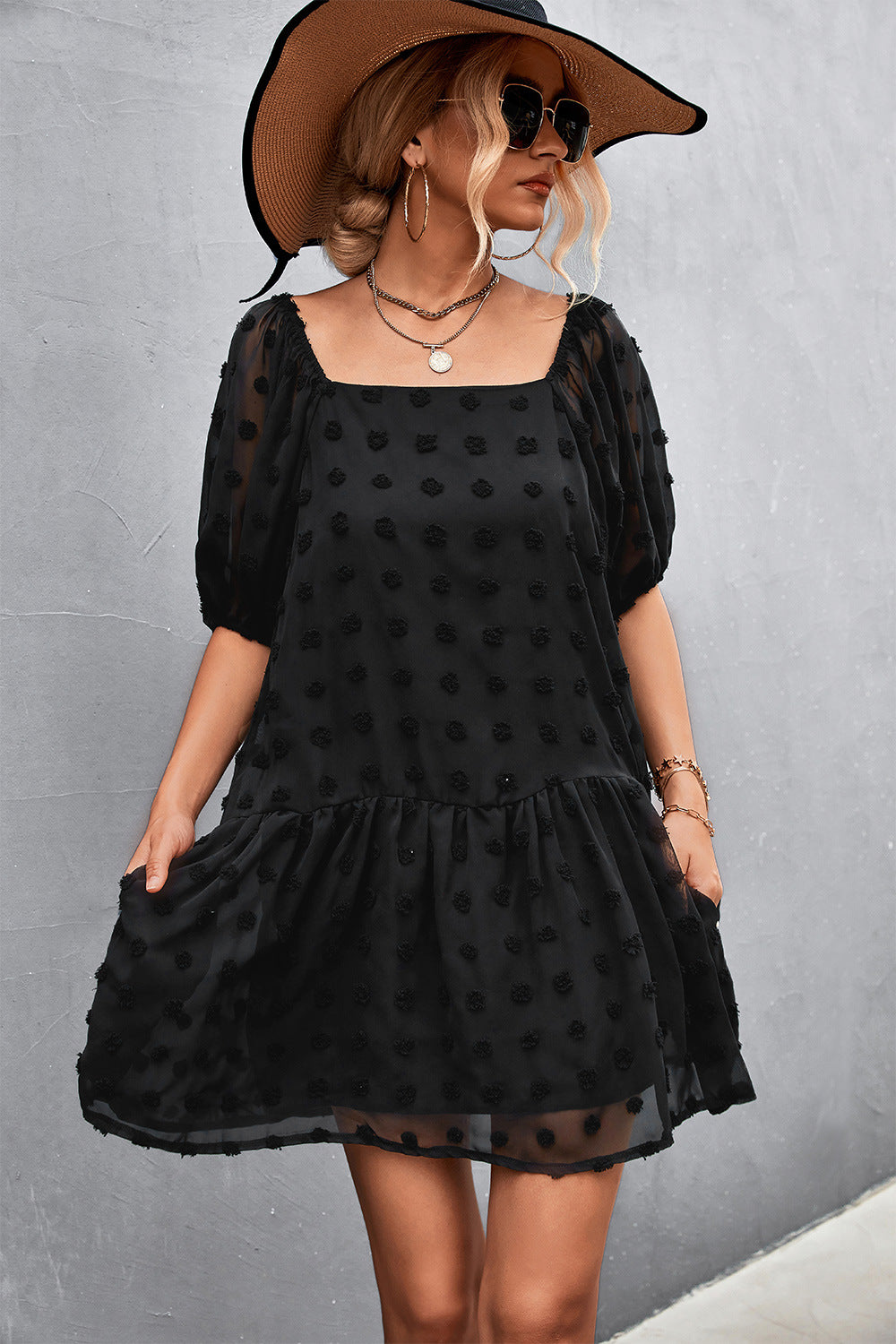 Black Swiss Dot Square Neck Half Balloon Sleeve Dress – Alaena James Boutique