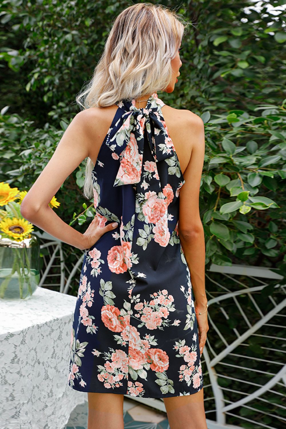Floral Tied Sleeveless Grecian Neck Mini Dress | Sleeveless Tops Women 
