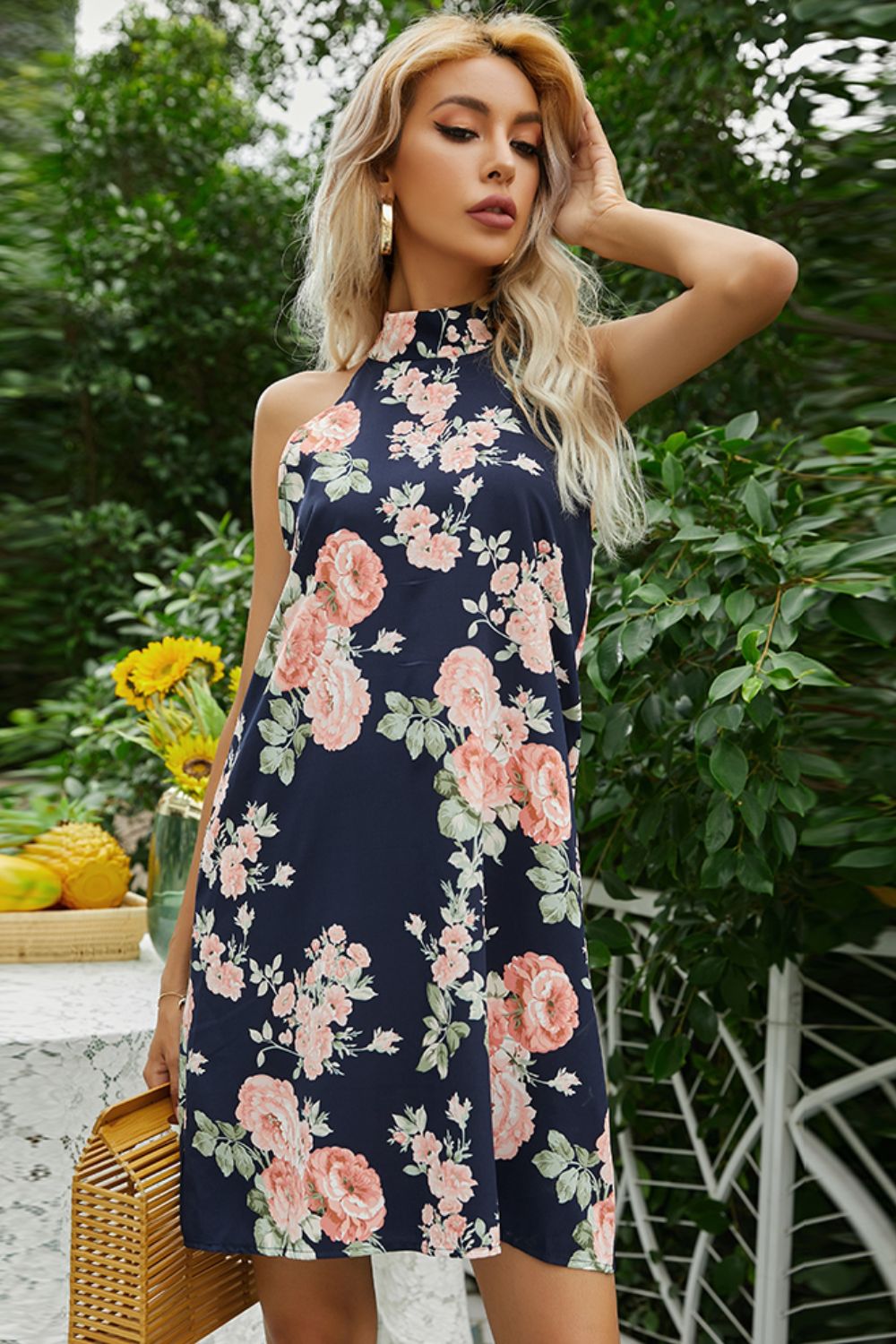 Floral Tied Sleeveless Grecian Neck Mini Dress - Alaena James Boutique