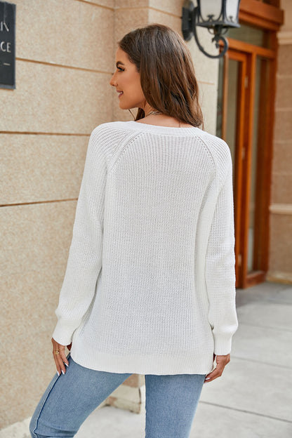 Raglan Sleeve Ribbed Trim Plunge Knit Top - AlaenaJames