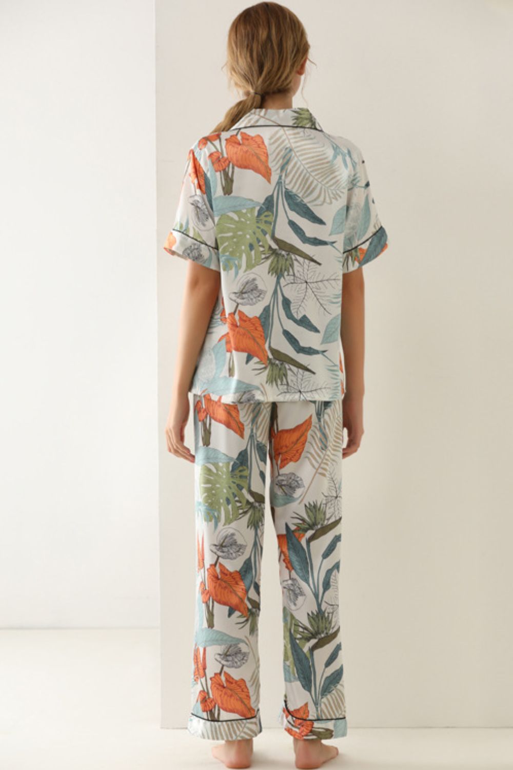 Print Button-Up Top and Pants Pajama Set