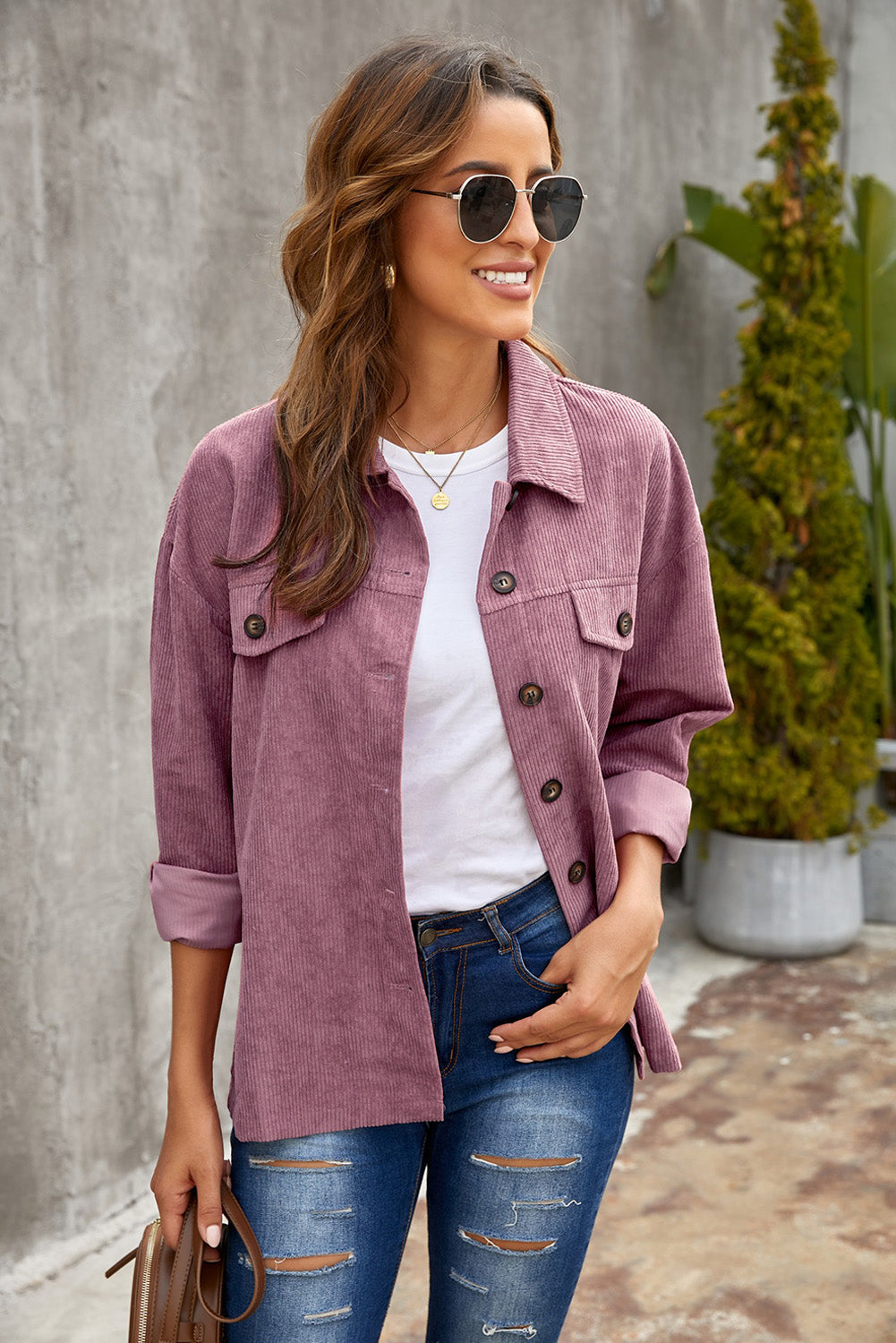 Corduroy Long Sleeve Button-Up Shirt Jacket | Women's Fashion Boutique Online - Alaena James Boutique