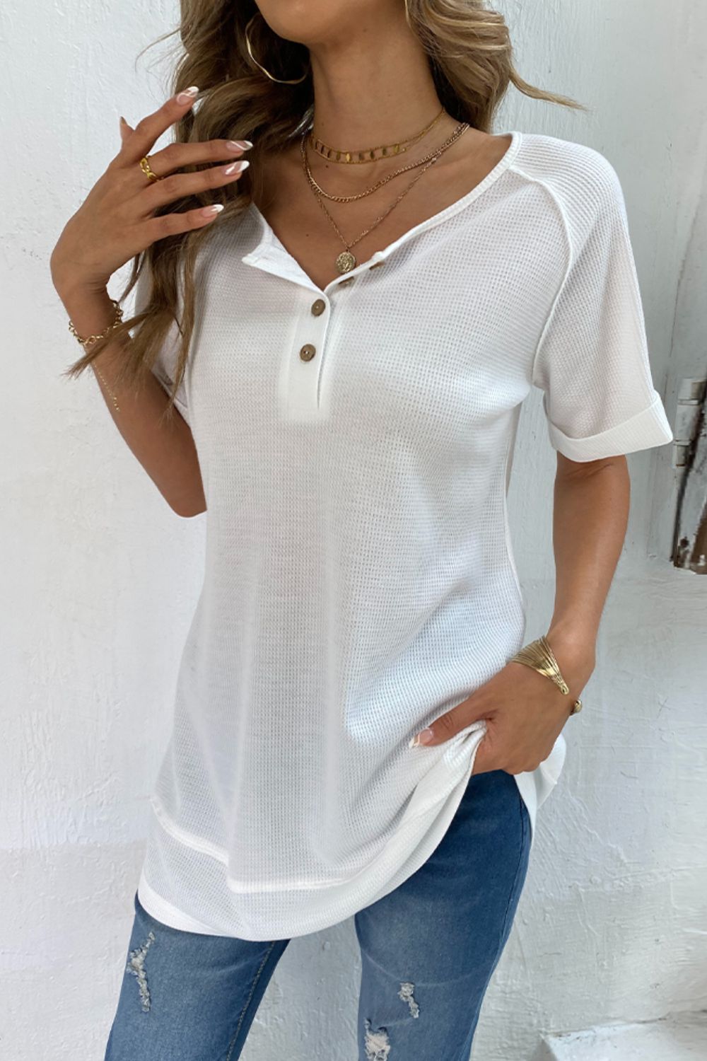 Cuffed Sleeve Henley White Top 