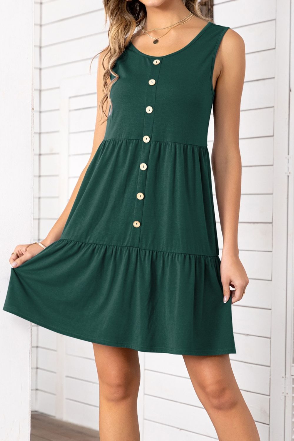 Button Scoop Neck Sleeveless Tiered Dress | Online Boutiques For Dresses - Alaena James Boutique