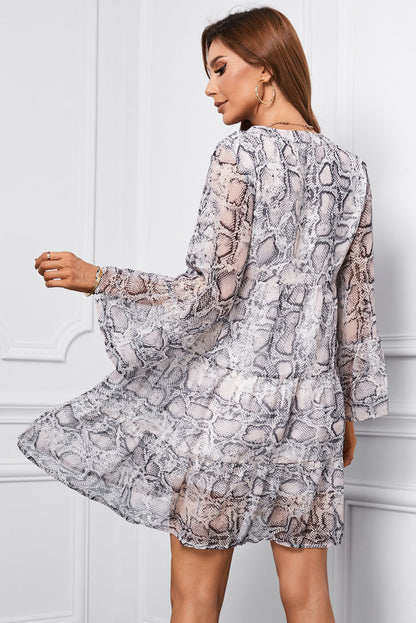 Gray Printed Notched Neck Flare Sleeve Tiered Dress - Alaena James