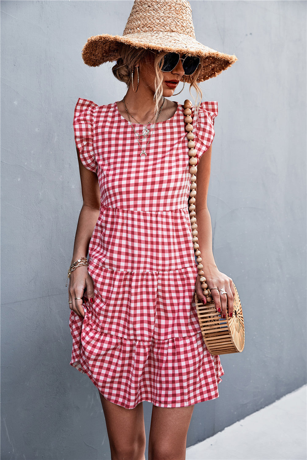 Gingham Ruffle Shoulder Tiered Dress