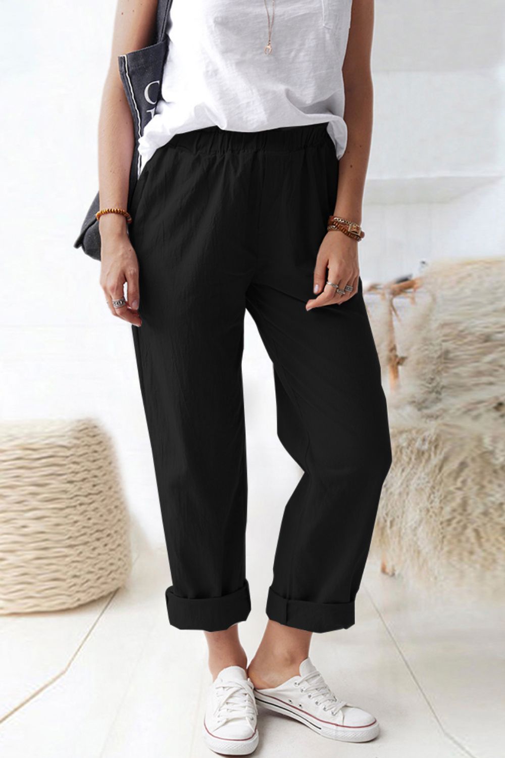 Paperbag Waist Pull-On Pants with Pockets