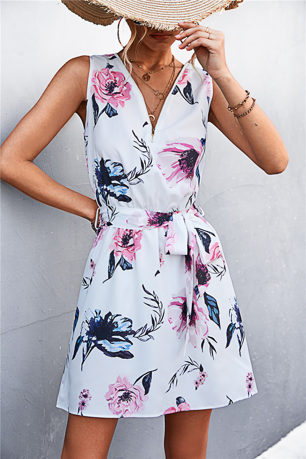 Printed Zip Detail Belted Sleeveless Dress – Alaena James Boutique