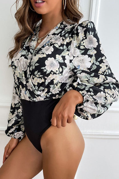 Floral Surplice Neck Puff Sleeve Bodysuit  - Alaena James Boutique