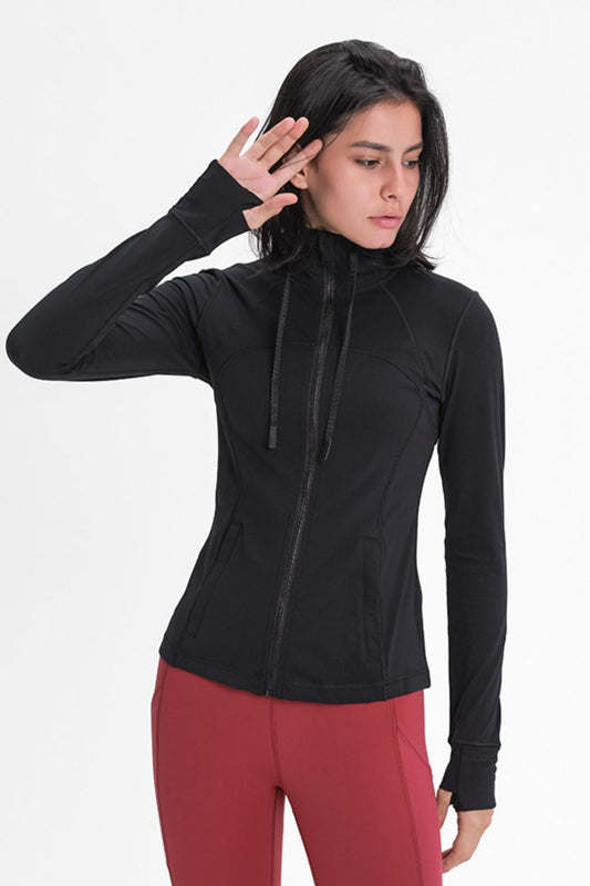 Zip Up Drawstring Detail Hooded Sports Jacket